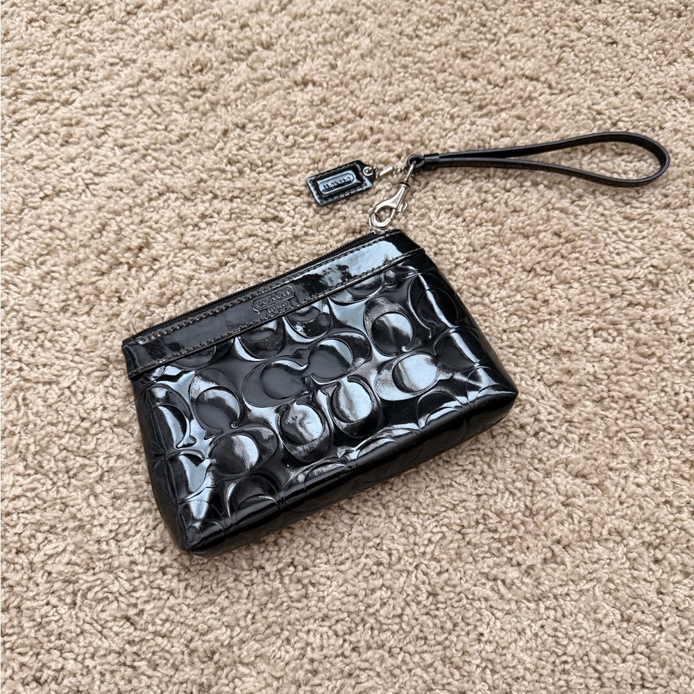 Coach Black Patent Signature Wristlet Pouch